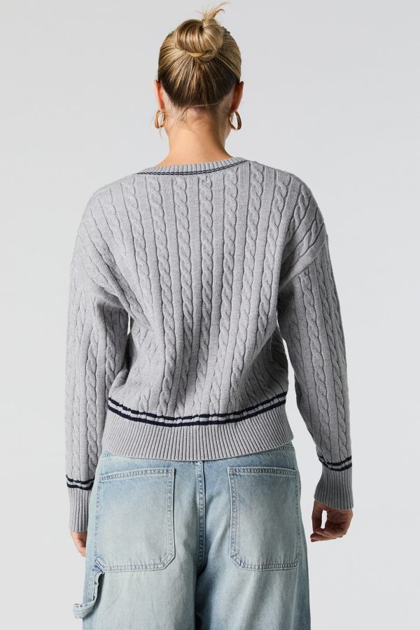 Number Embroidered Cable Knit Sweater - 图片 5