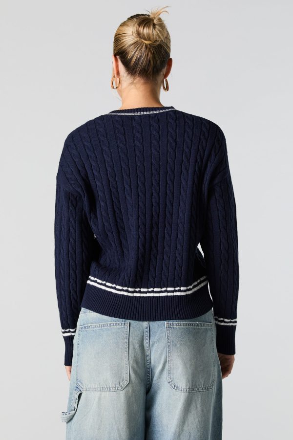 Number Embroidered Cable Knit Sweater - 图片 2