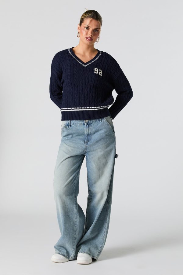 Number Embroidered Cable Knit Sweater - 图片 3