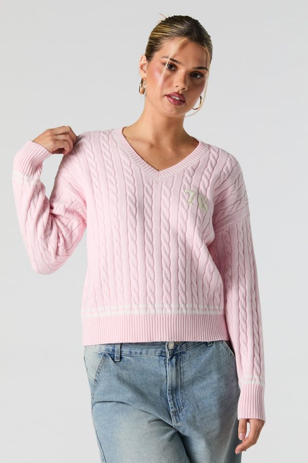 Number Embroidered Cable Knit Sweater - 图片 10