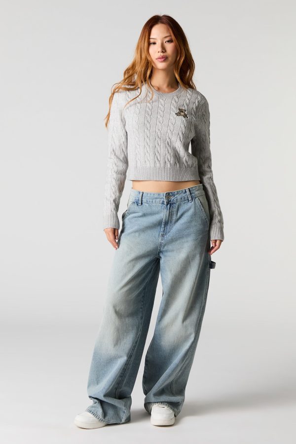 Embroidered Cable Knit Cropped Sweater - 图片 9