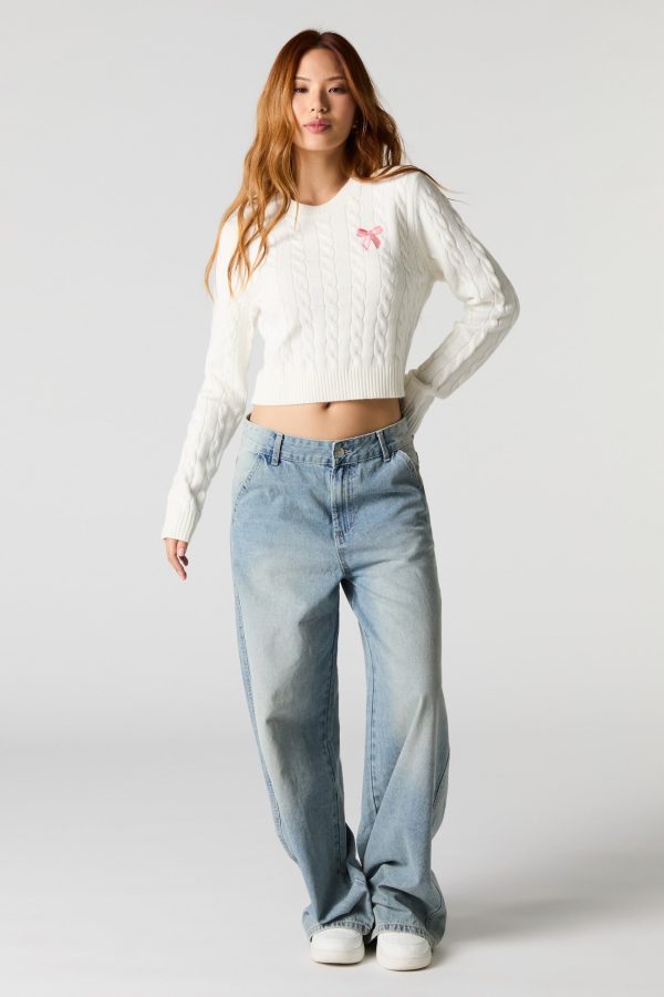 Embroidered Cable Knit Cropped Sweater - 图片 3