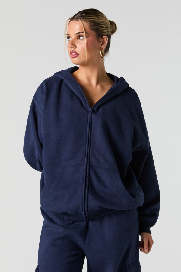 Oversized Solid Fleece Zip-Up Hoodie - 图片 20