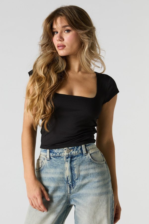 Contour Square Neck Cap Sleeve Crop Top - 图片 4