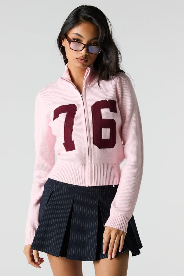 Number Embroidered Zip-Up Sweater - 图片 7