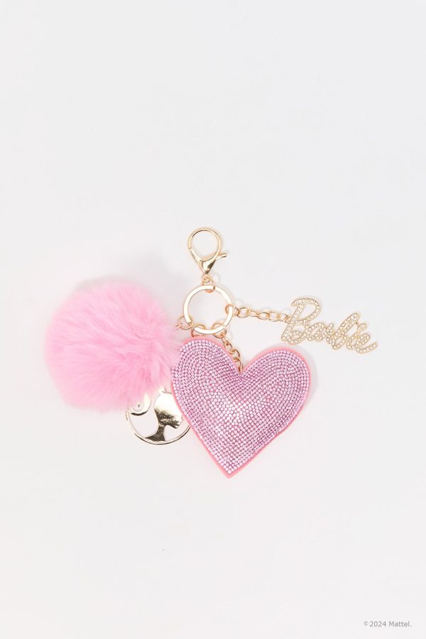 Barbie Rhinestone Heart Pom Pom Keychain