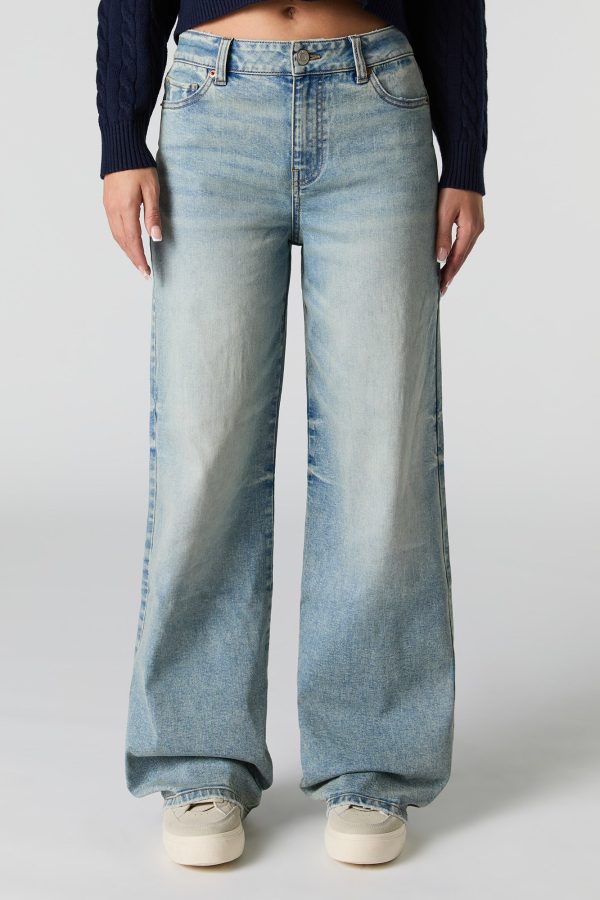 Jean jambe large extensible à taille haute délavé ple vintage - 图片 2