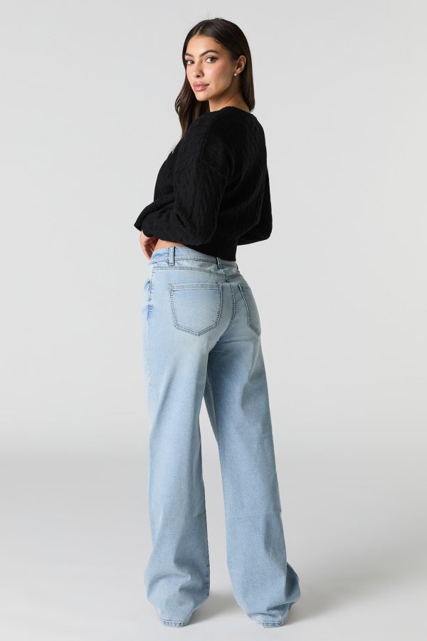 Jean jambe large extensible à taille haute délavé ple - 图片 3