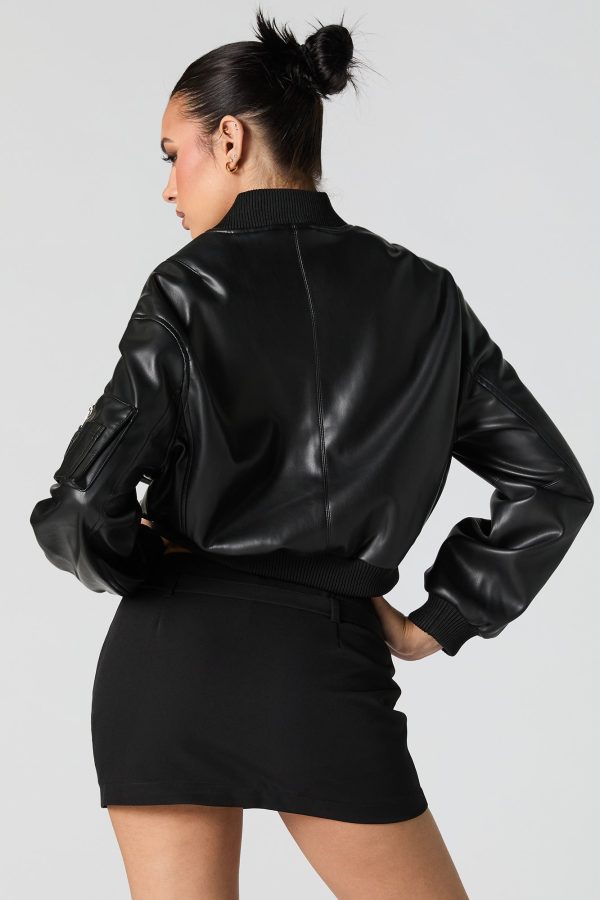 Faux Leather Cropped Bomber Jacket - 图片 6