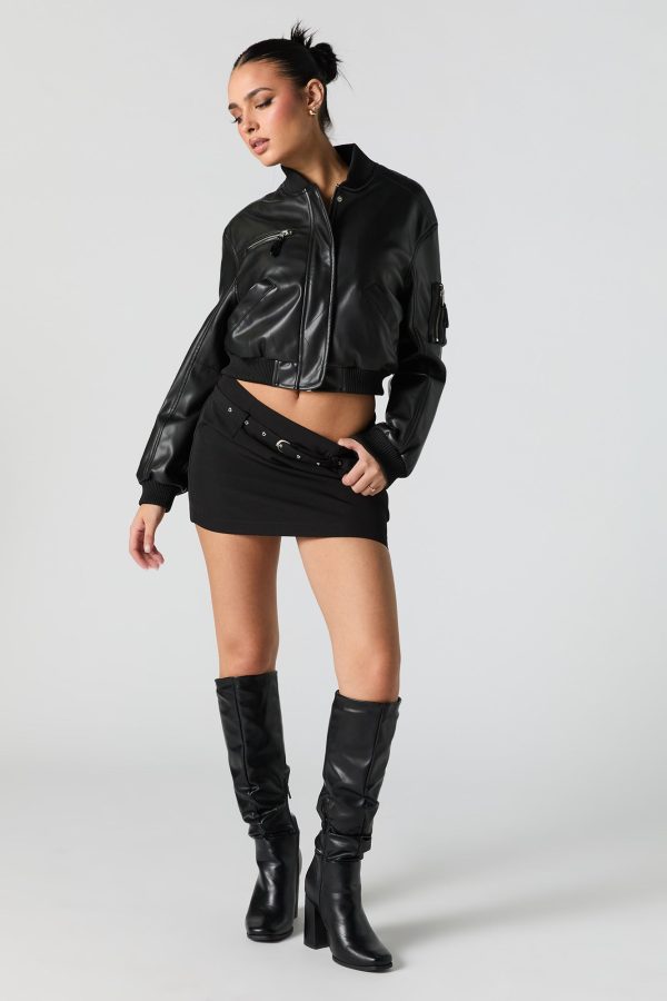 Faux Leather Cropped Bomber Jacket - 图片 7