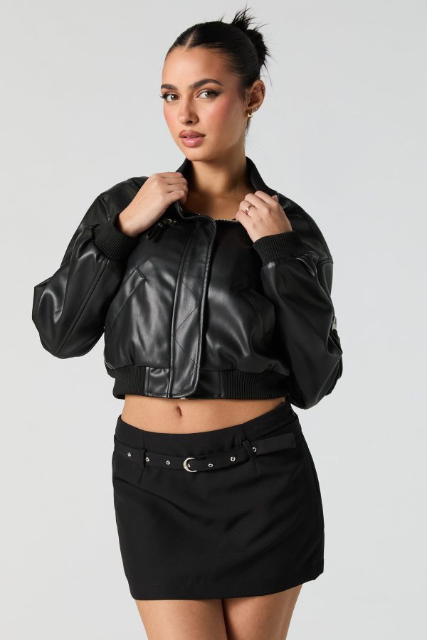 Faux Leather Cropped Bomber Jacket - 图片 5