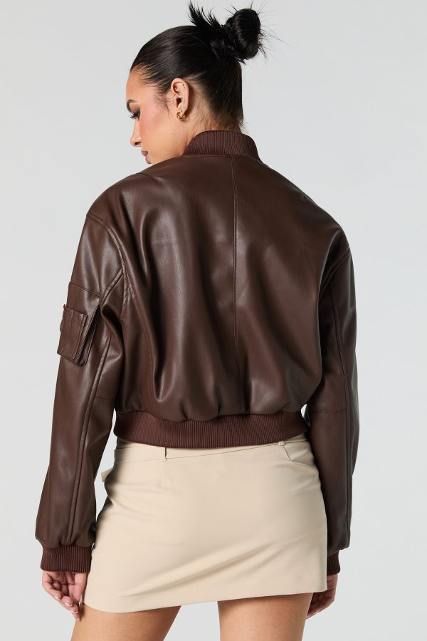 Faux Leather Cropped Bomber Jacket - 图片 2