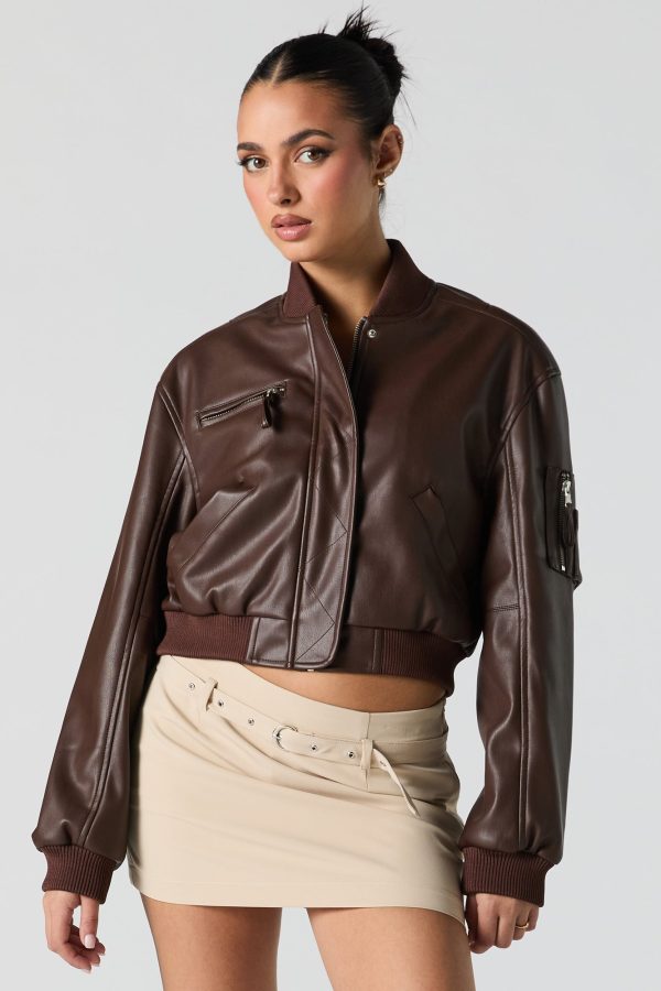 Faux Leather Cropped Bomber Jacket - 图片 4