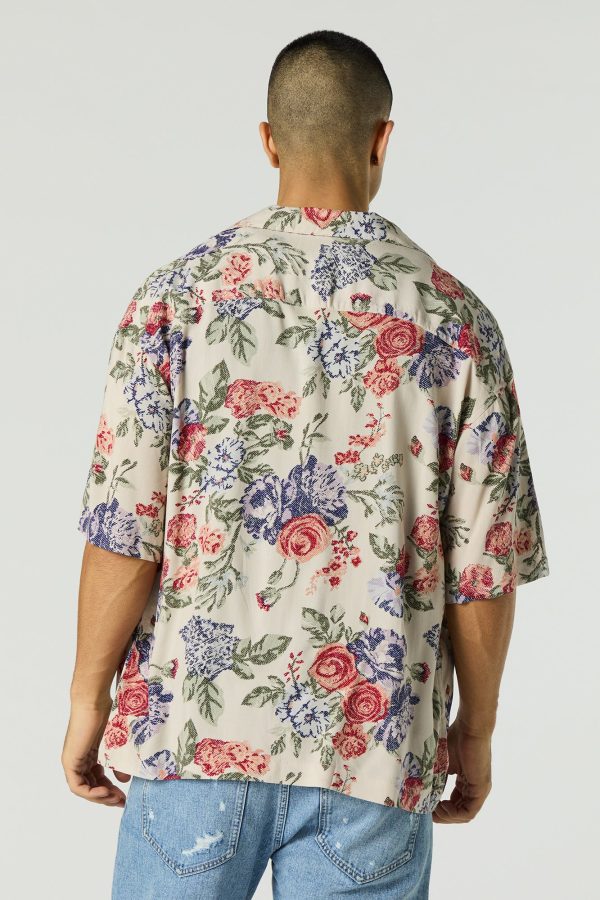 Floral Print Short Sleeve Button-Up Top - 图片 2