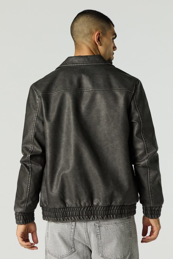 Faux Leather Collared Bomber Jacket - 图片 2