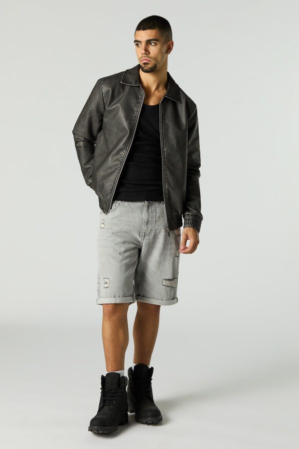 Faux Leather Collared Bomber Jacket - 图片 3