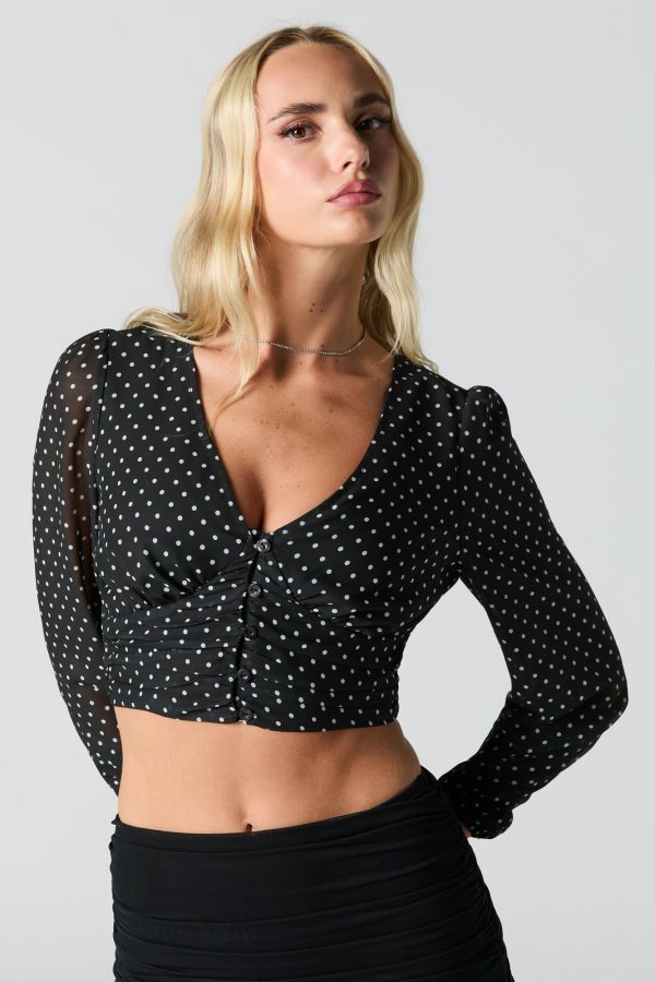 Printed Chiffon V-Neck Button Front Crop Top - 图片 4