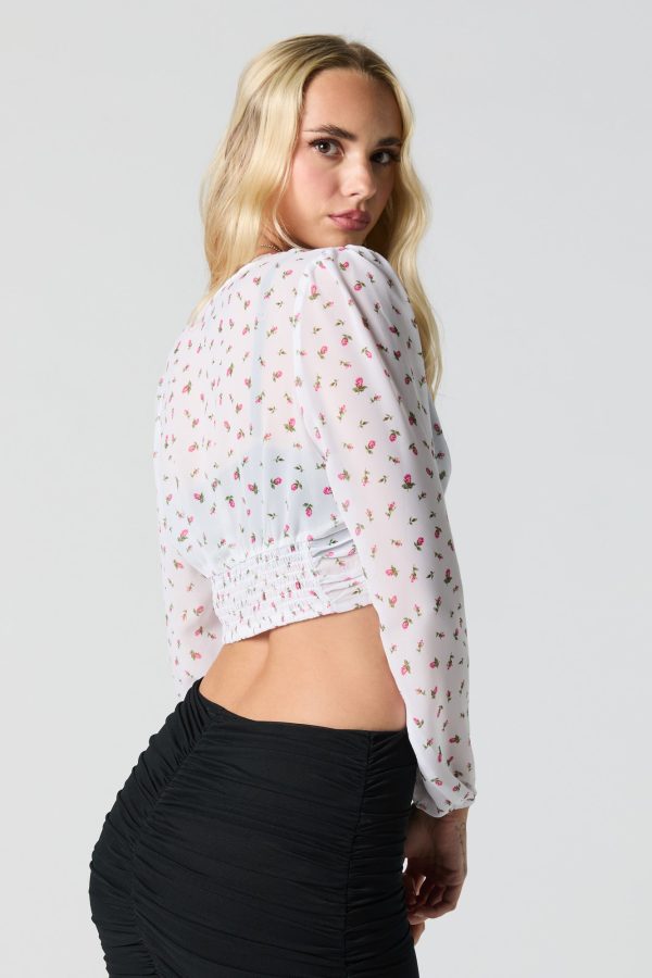 Printed Chiffon V-Neck Button Front Crop Top - 图片 8