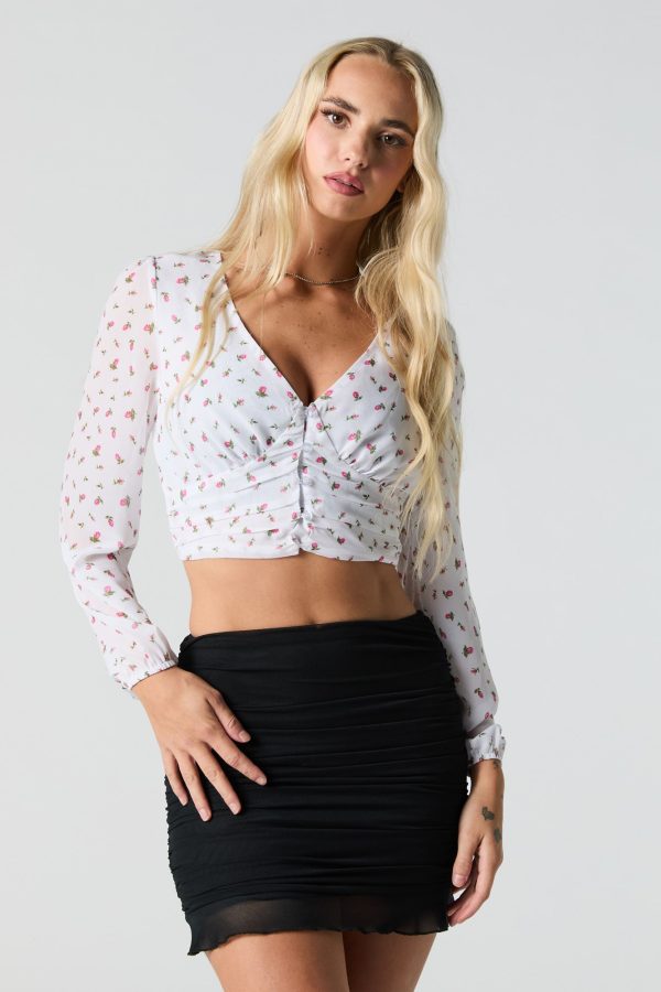 Printed Chiffon V-Neck Button Front Crop Top - 图片 7