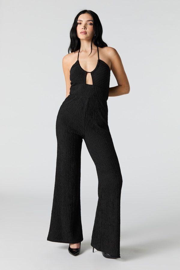 Textured Halter Wide Leg Jumpsuit - 图片 8