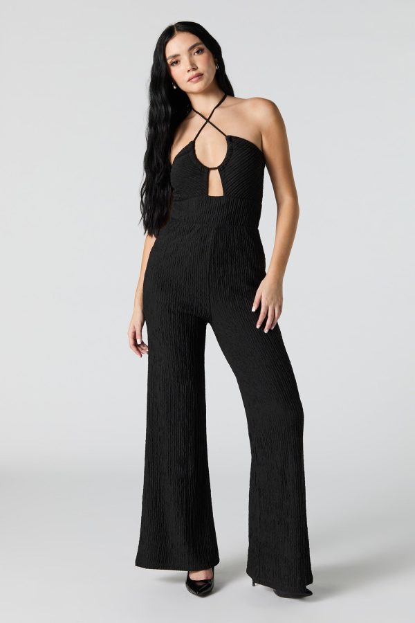 Textured Halter Wide Leg Jumpsuit - 图片 5