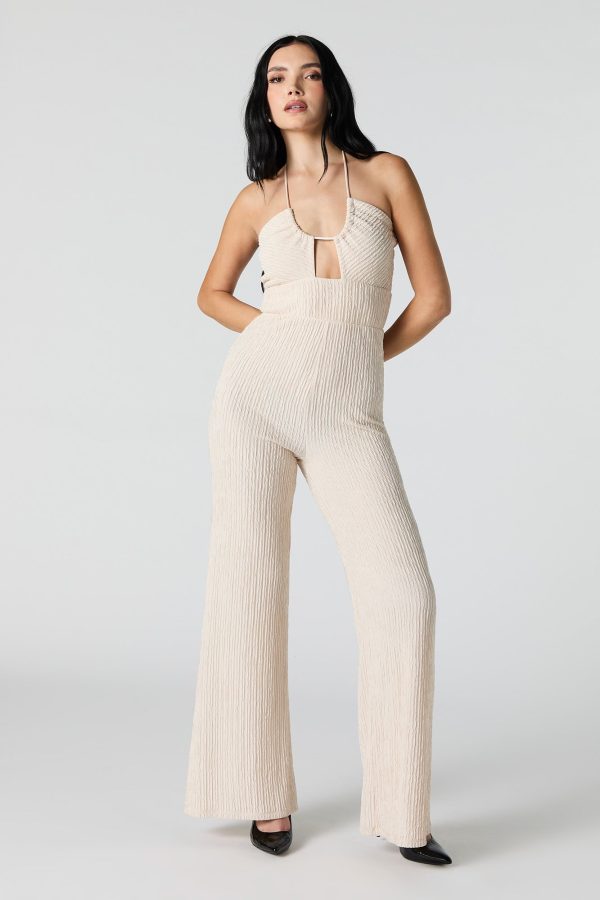 Textured Halter Wide Leg Jumpsuit