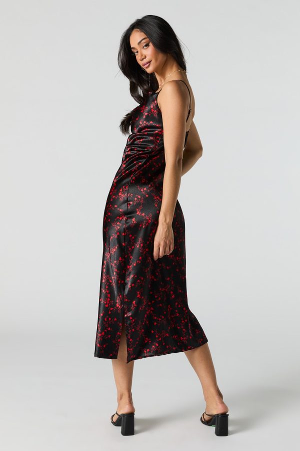 Satin Floral Cowl Neck Midi Dress - 图片 5