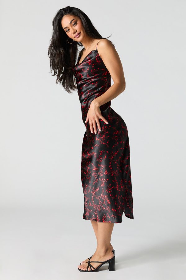 Robe midi fleurie en satin avec col chle - 图片 6