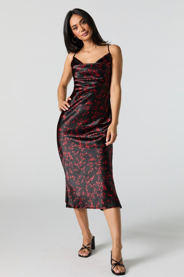 Robe midi fleurie en satin avec col chle - 图片 4