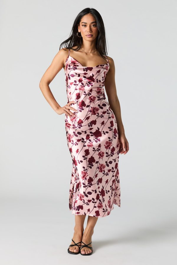 Satin Floral Cowl Neck Midi Dress