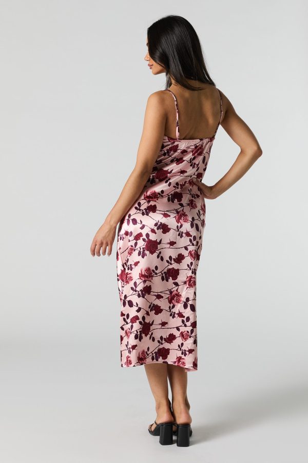 Satin Floral Cowl Neck Midi Dress - 图片 2