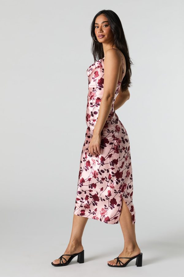 Satin Floral Cowl Neck Midi Dress - 图片 3