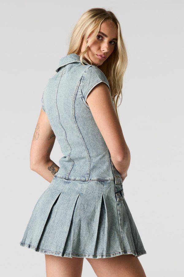 Denim Zip-Up Belted Pleated Mini Dress - 图片 6