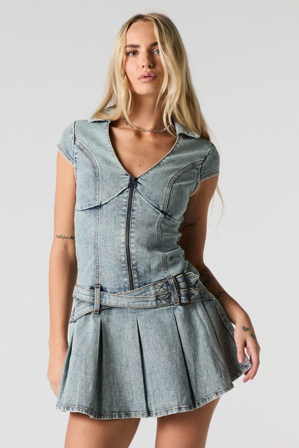 Denim Zip-Up Belted Pleated Mini Dress - 图片 5