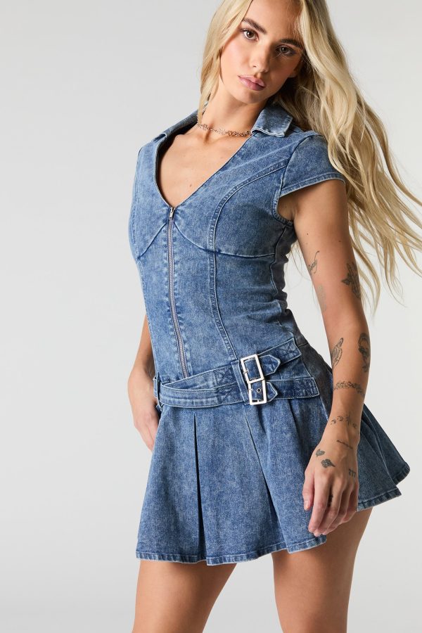 Denim Zip-Up Belted Pleated Mini Dress