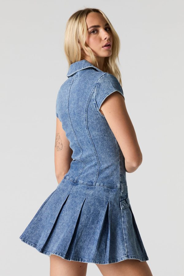 Denim Zip-Up Belted Pleated Mini Dress - 图片 2