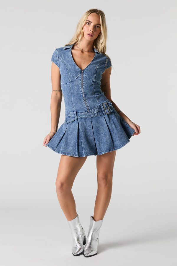 Denim Zip-Up Belted Pleated Mini Dress - 图片 3