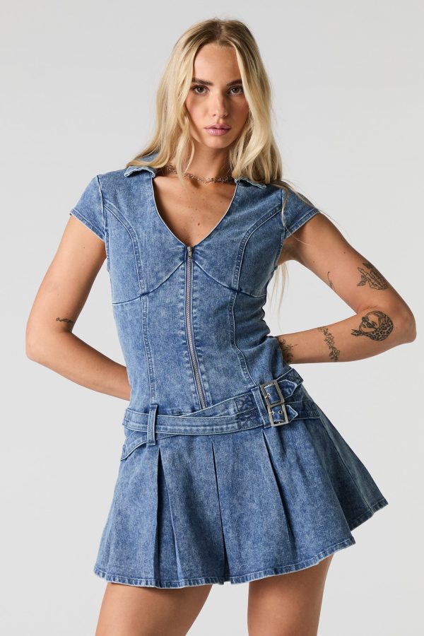 Denim Zip-Up Belted Pleated Mini Dress - 图片 4