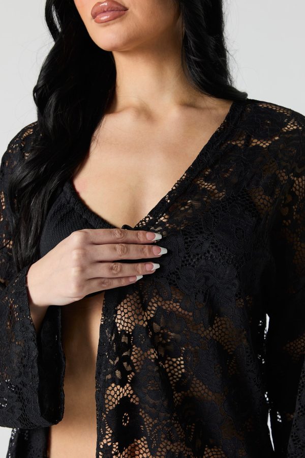 Floral Lace Fringe Kimono Cover Up - 图片 8