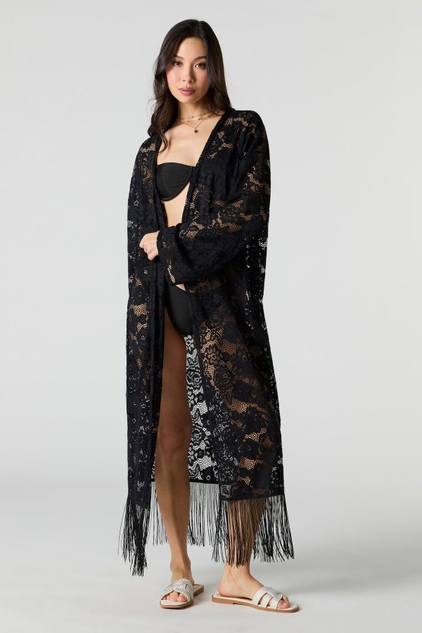 Floral Lace Fringe Kimono Cover Up - 图片 5