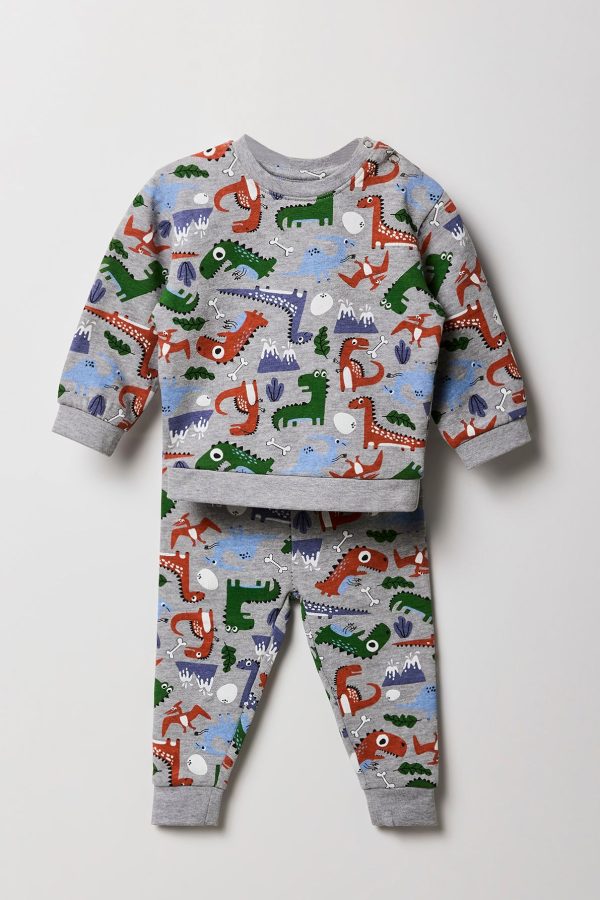 Baby Dino Print Fleece Sweatshirt & Jogger 2 Piece Set