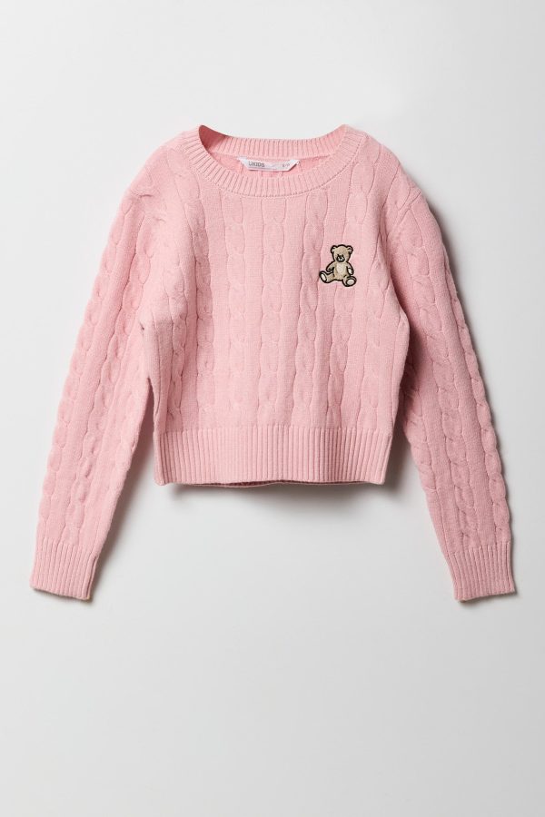 Girls Cable Knit Embroidered Sweater