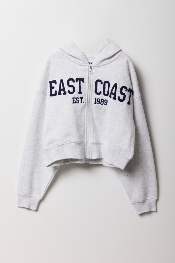 Haut à capuchon en molleton avec motif brodé East Coast en chenille et fermeture à glissière pour fille