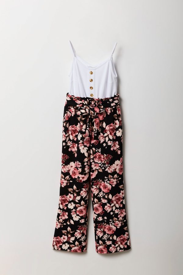 Girls Button Front Floral Belted Jumpsuit - 图片 3