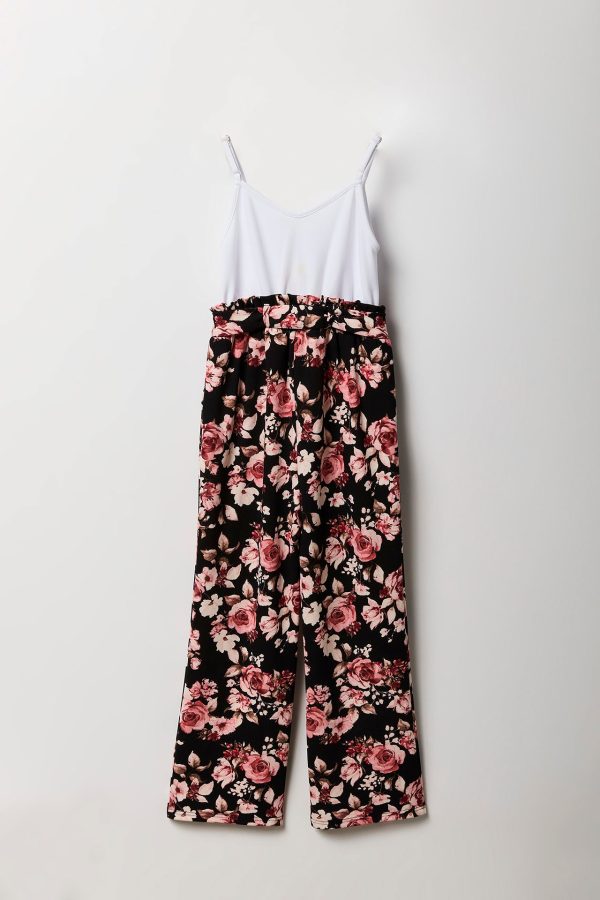 Girls Button Front Floral Belted Jumpsuit - 图片 4