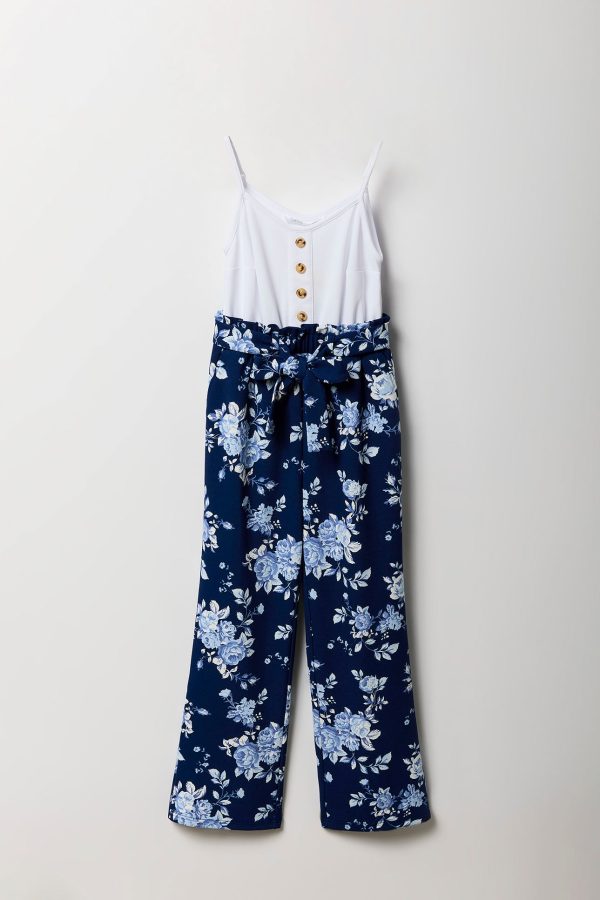 Girls Button Front Floral Belted Jumpsuit - 图片 5