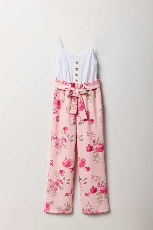 Girls Button Front Floral Belted Jumpsuit