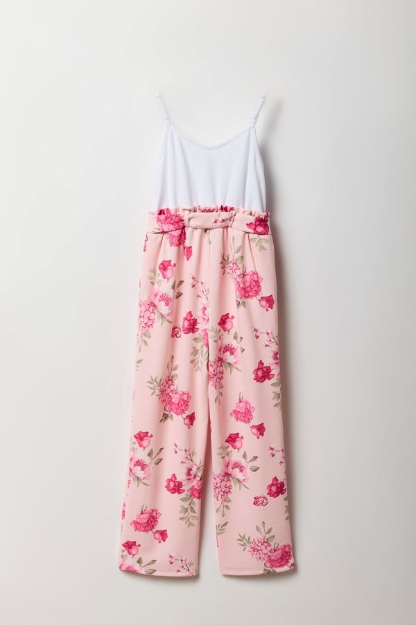 Girls Button Front Floral Belted Jumpsuit - 图片 2