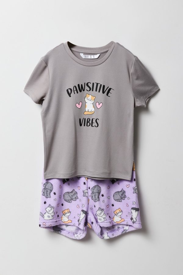 Girls Graphic T-Shirt & Plush Short 2 Piece Pajama Set - 图片 6