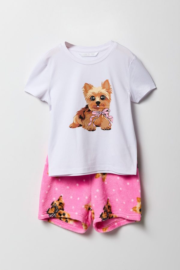 Girls Graphic T-Shirt & Plush Short 2 Piece Pajama Set